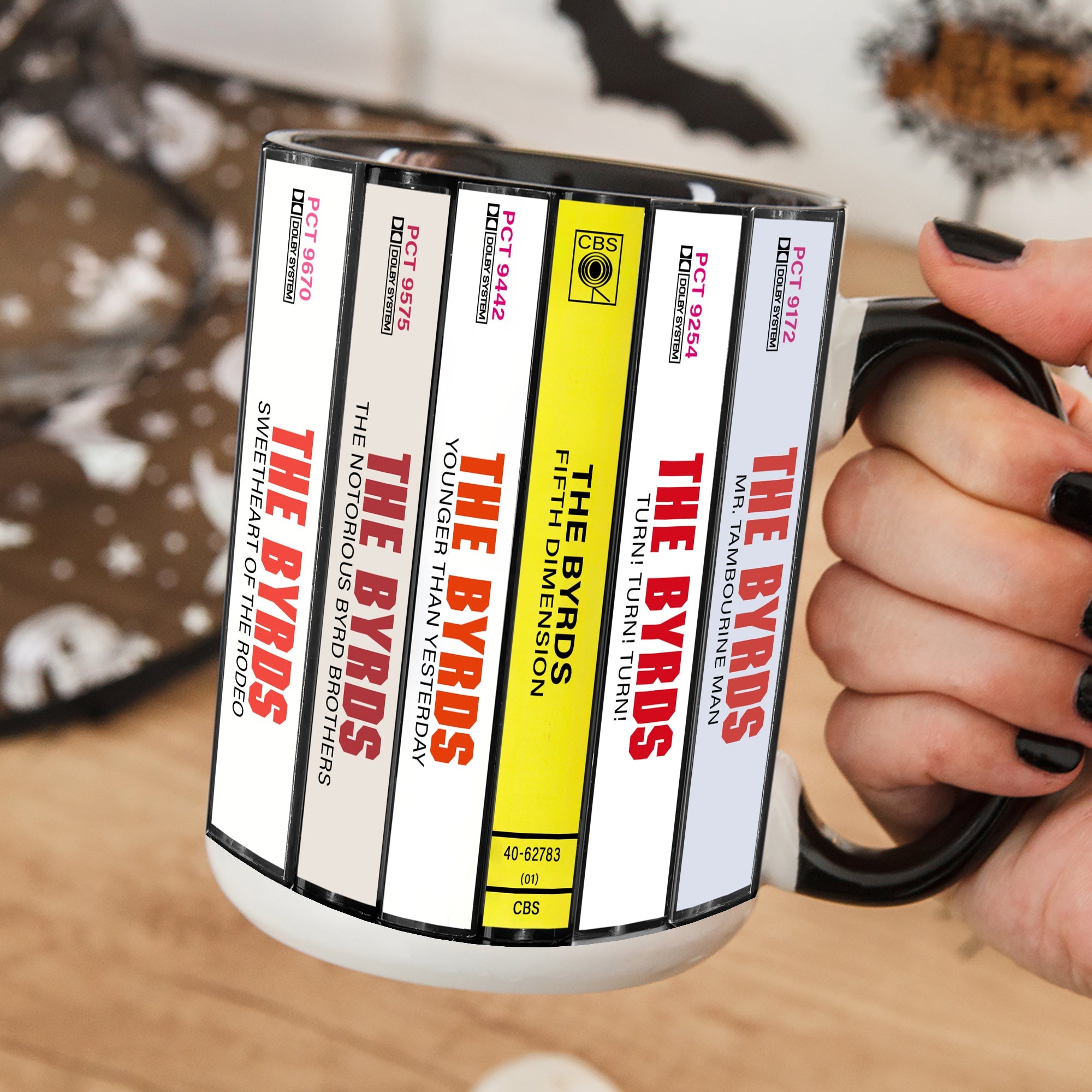 The Byrds Albums Cassette Collection Retro Accent Edge-to-Edge Printed Mug