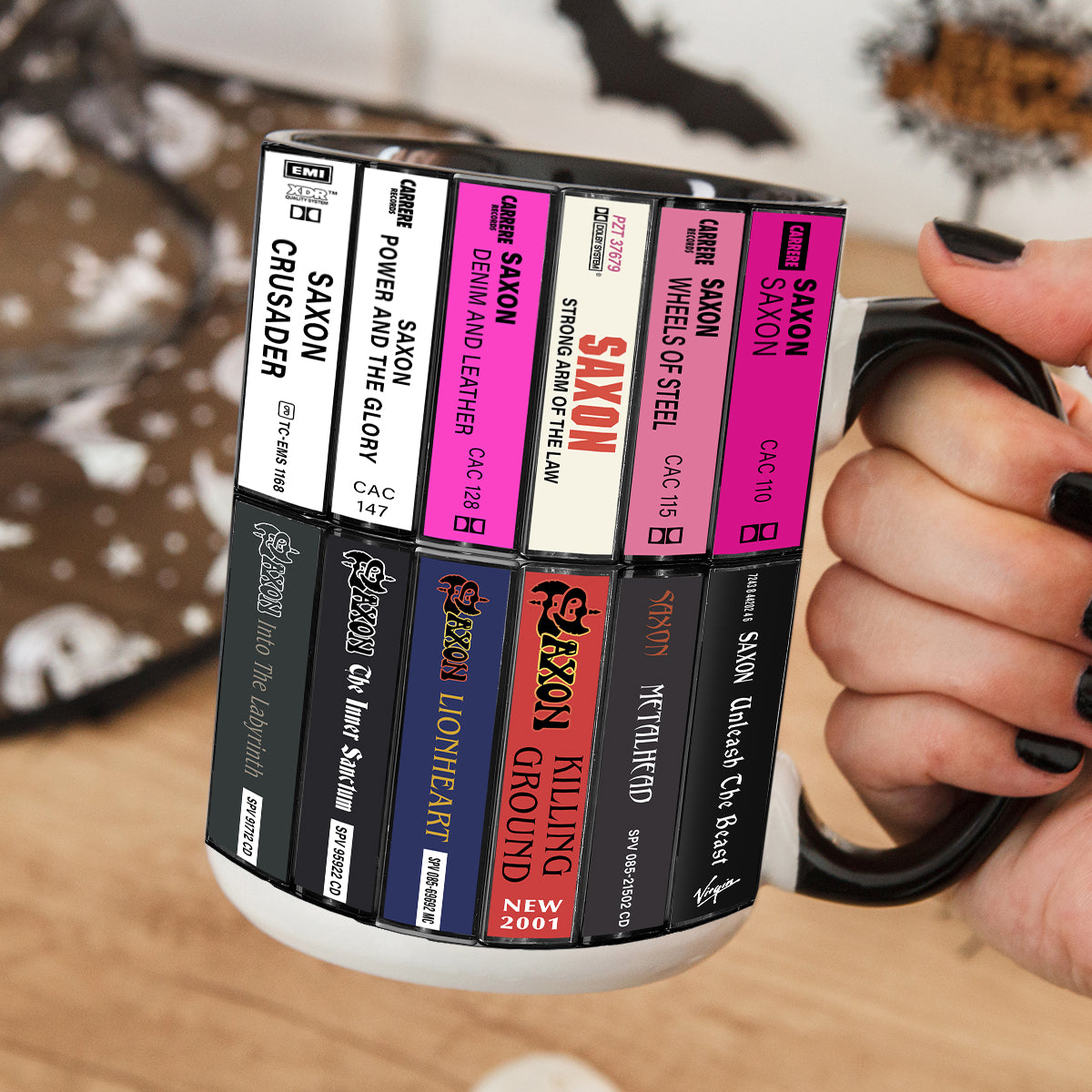 Saxon Albums Cassette Collection Retro Accent Edge-to-Edge Printed Mug