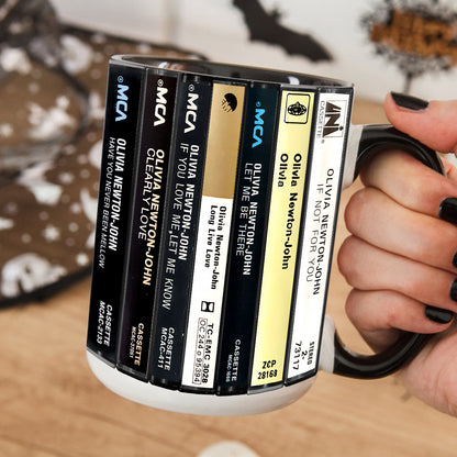 Olivia Newton-John Albums Cassette Collection Retro Accent Edge-to-Edge Printed Mug