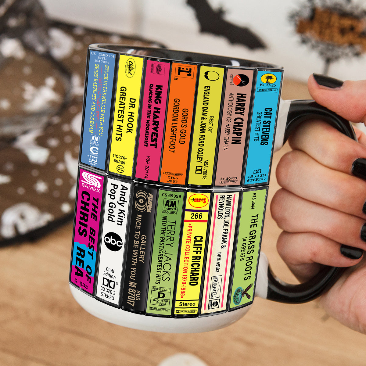 Male Pop 70s & 80s Albums Cassette Collection Retro Accent Edge-to-Edge Printed Mug