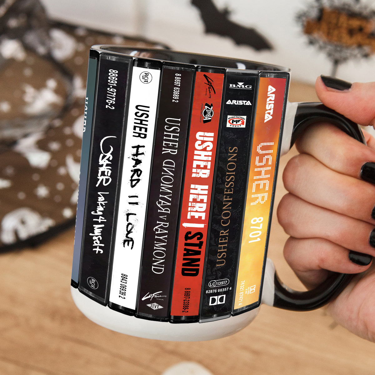 Usher Albums Cassette Collection Retro Accent Edge-to-Edge Printed Mug