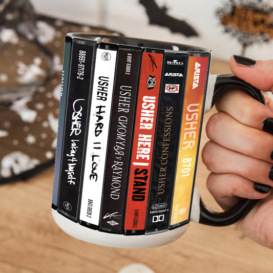 Usher Albums Cassette Collection Retro Accent Edge-to-Edge Printed Mug