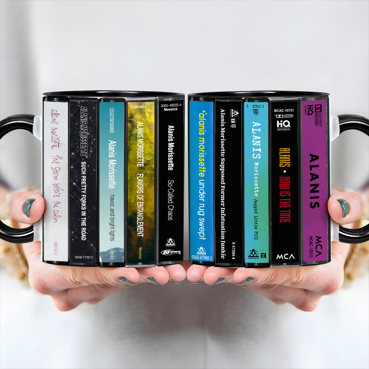 Alanis Morissette Albums Cassette Collection Retro Accent Edge-to-Edge Printed Mug