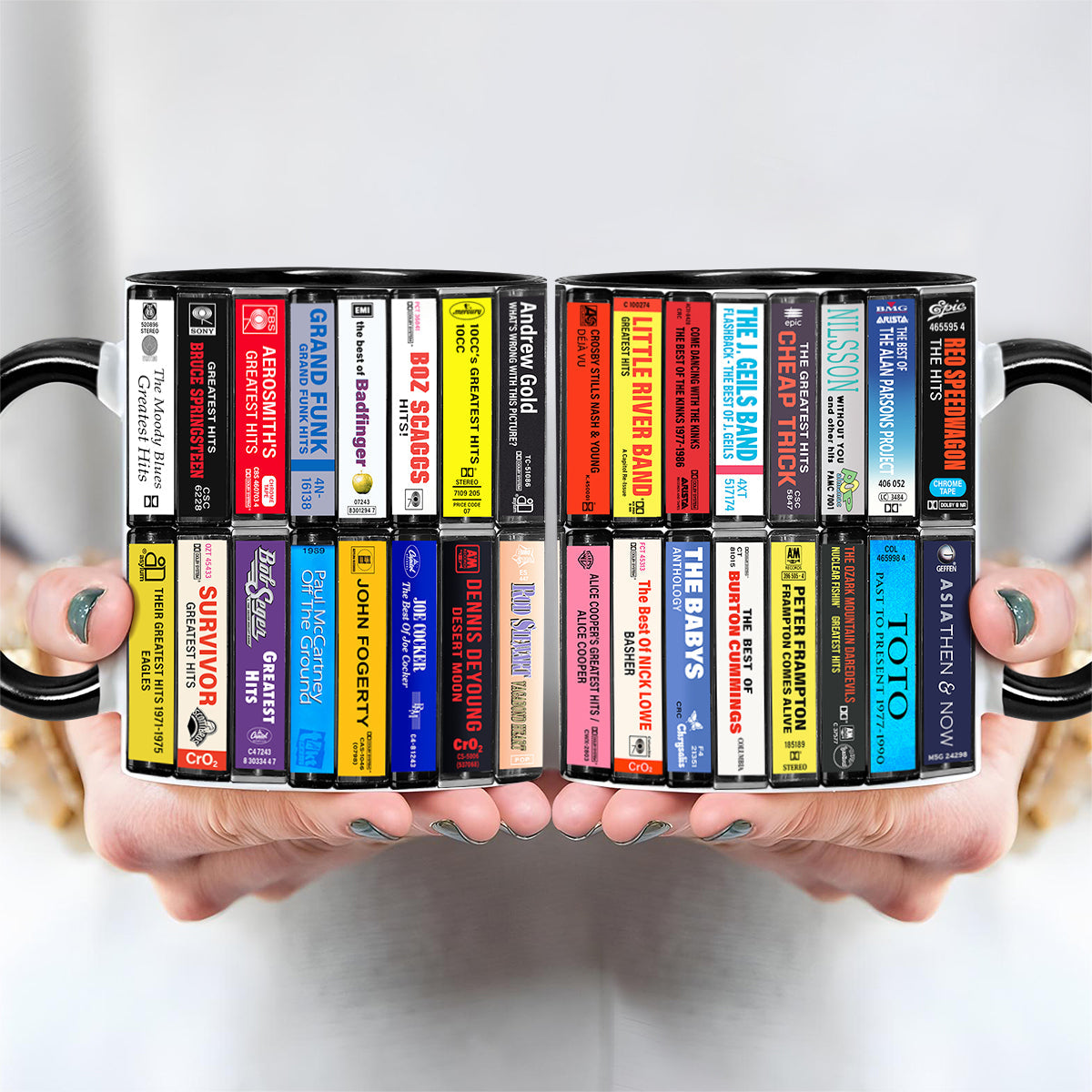 70s & 80s Rock Albums Cassette Collection Retro Accent Edge-to-Edge Printed Mug