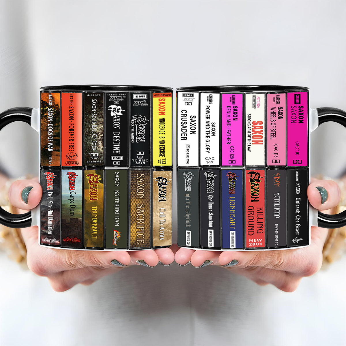 Saxon Albums Cassette Collection Retro Accent Edge-to-Edge Printed Mug