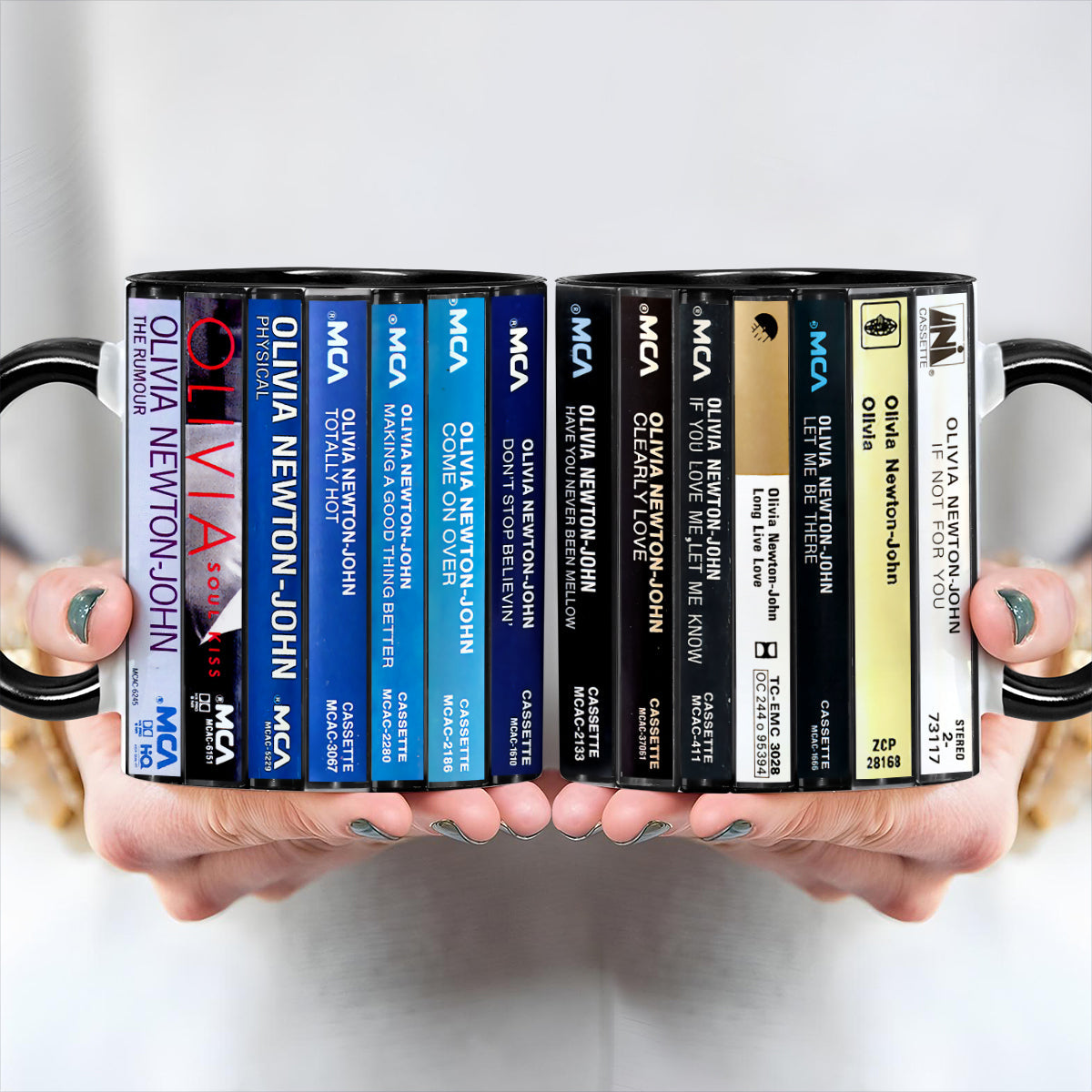 Olivia Newton-John Albums Cassette Collection Retro Accent Edge-to-Edge Printed Mug