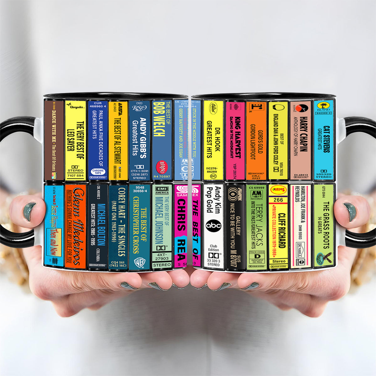 Male Pop 70s & 80s Albums Cassette Collection Retro Accent Edge-to-Edge Printed Mug