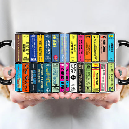 Male Pop 70s & 80s Albums Cassette Collection Retro Accent Edge-to-Edge Printed Mug