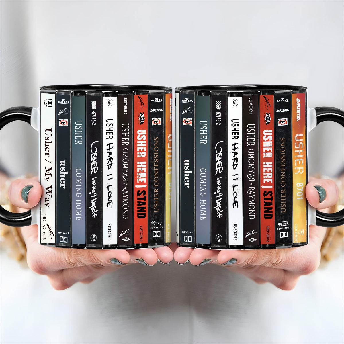 Usher Albums Cassette Collection Retro Accent Edge-to-Edge Printed Mug