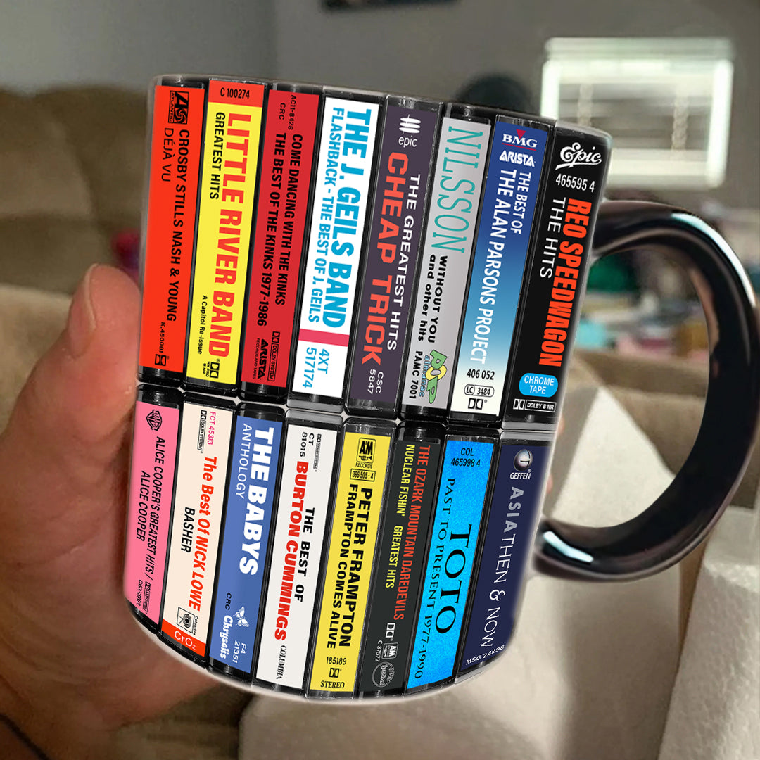 70s & 80s Rock Albums Cassette Collection Retro Accent Edge-to-Edge Printed Mug