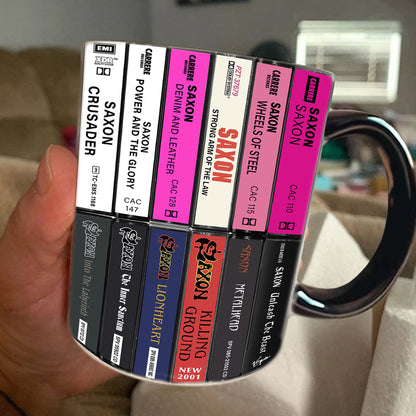 Saxon Albums Cassette Collection Retro Accent Edge-to-Edge Printed Mug