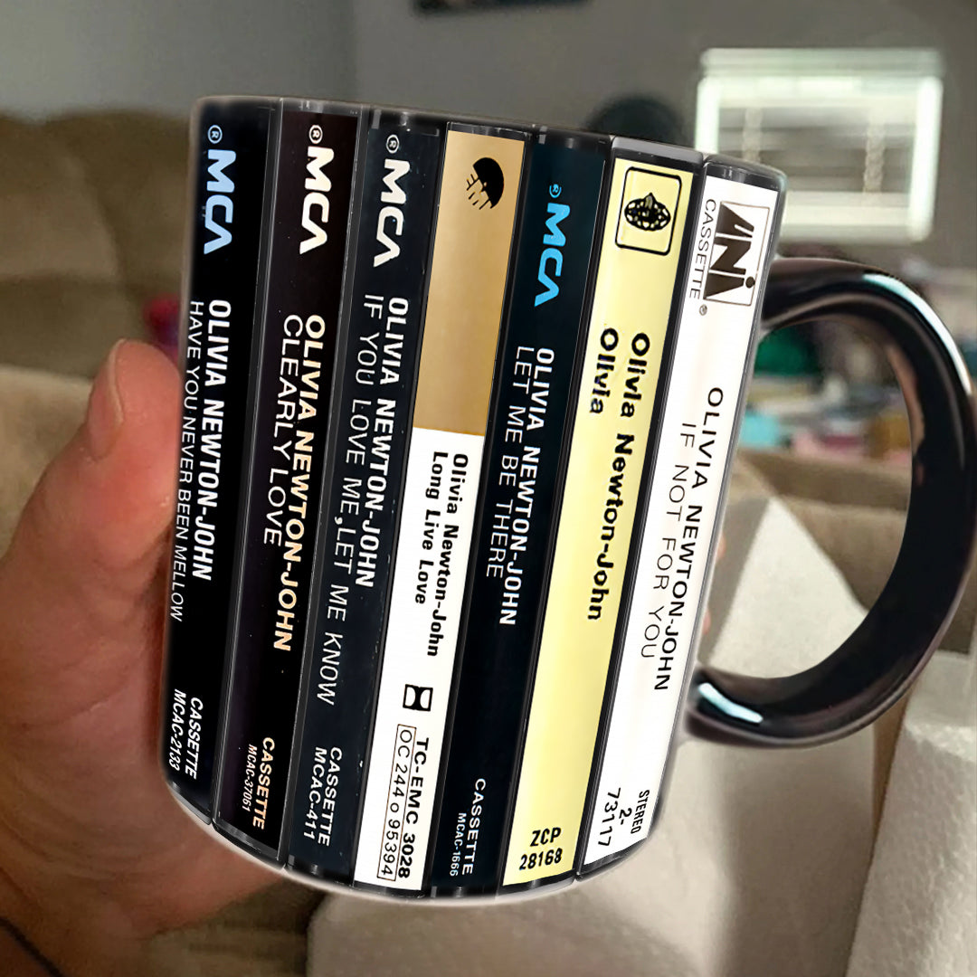 Olivia Newton-John Albums Cassette Collection Retro Accent Edge-to-Edge Printed Mug