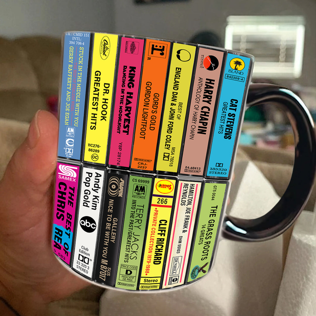 Male Pop 70s & 80s Albums Cassette Collection Retro Accent Edge-to-Edge Printed Mug