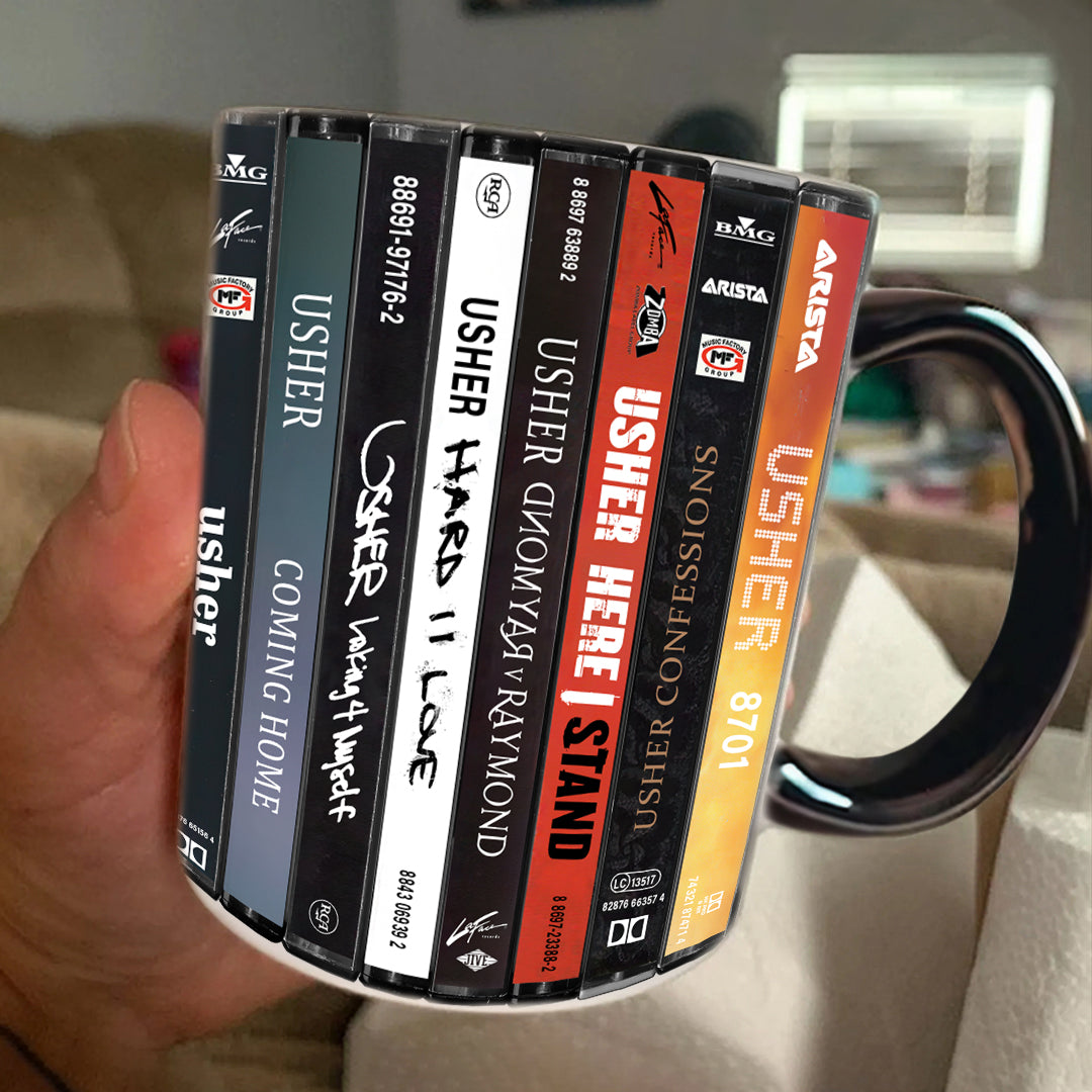 Usher Albums Cassette Collection Retro Accent Edge-to-Edge Printed Mug