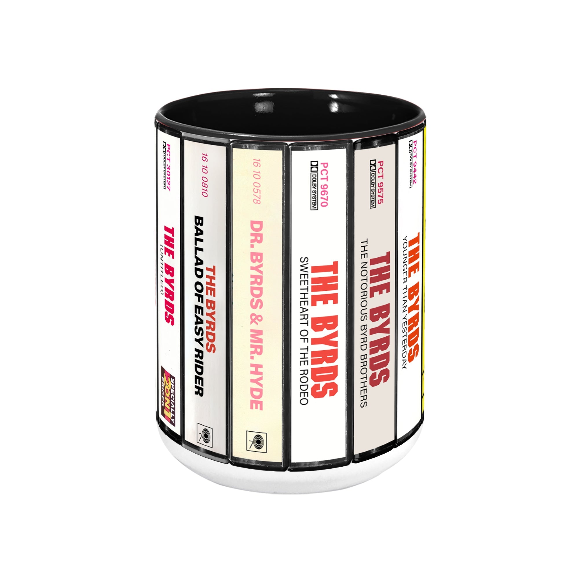 The Byrds Albums Cassette Collection Retro Accent Edge-to-Edge Printed Mug