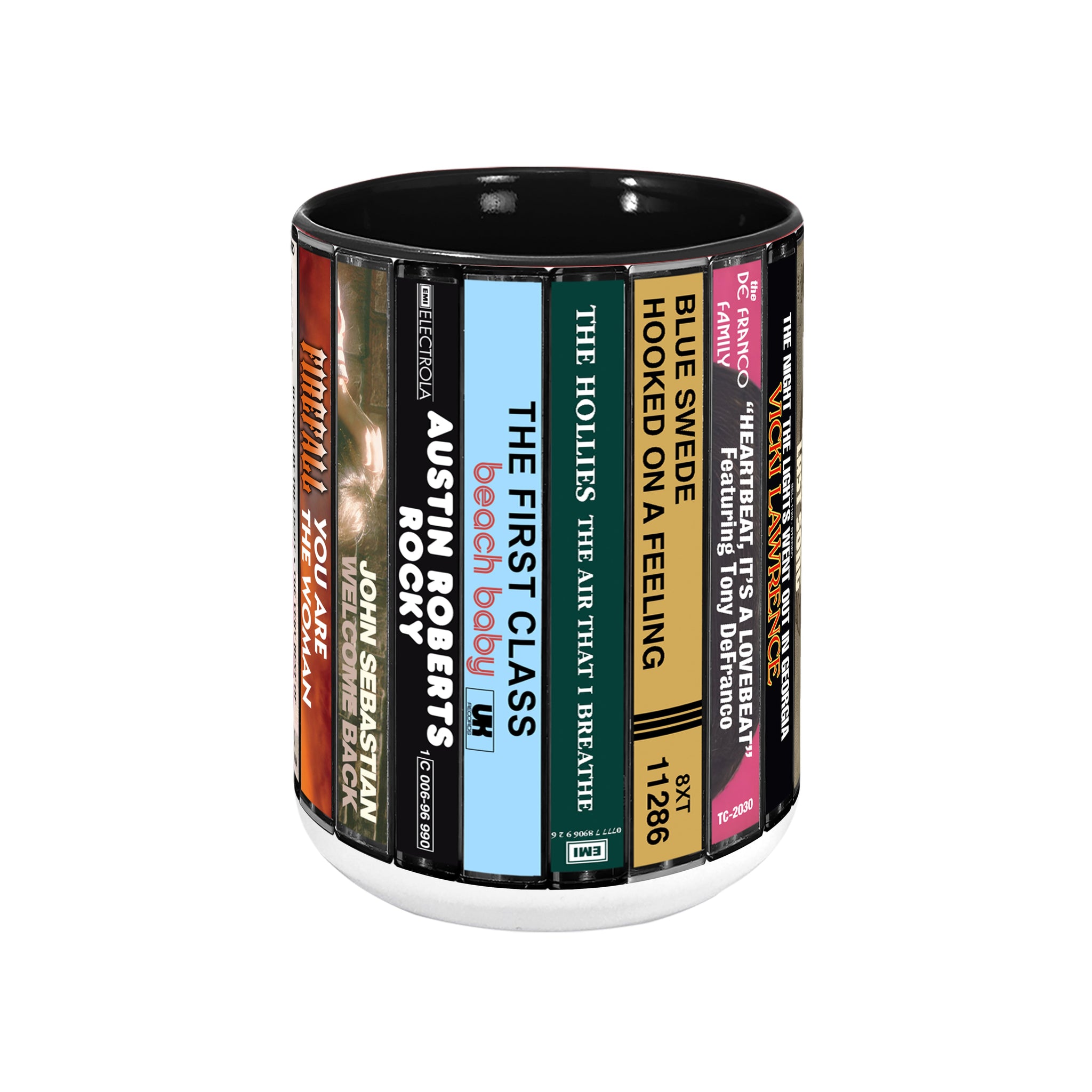 70s Pop Songs Albums Cassette Collection Retro Accent Edge-to-Edge Printed Mug - Volume 1