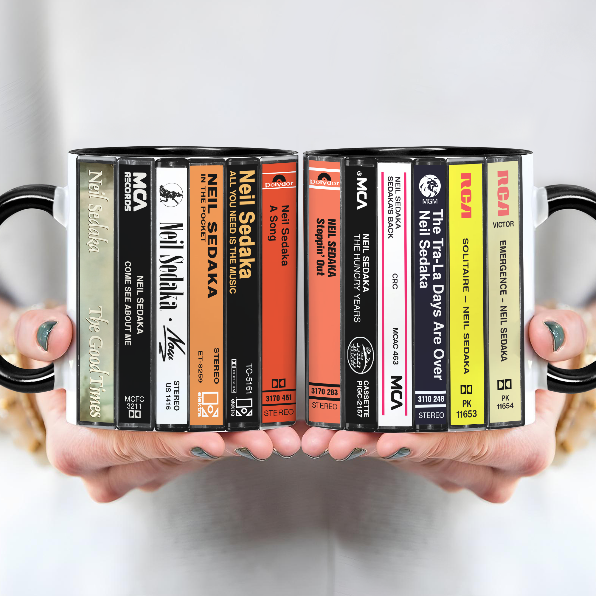 Neil Sedaka Albums Cassette Collection Retro Accent Edge-to-Edge Printed Mug