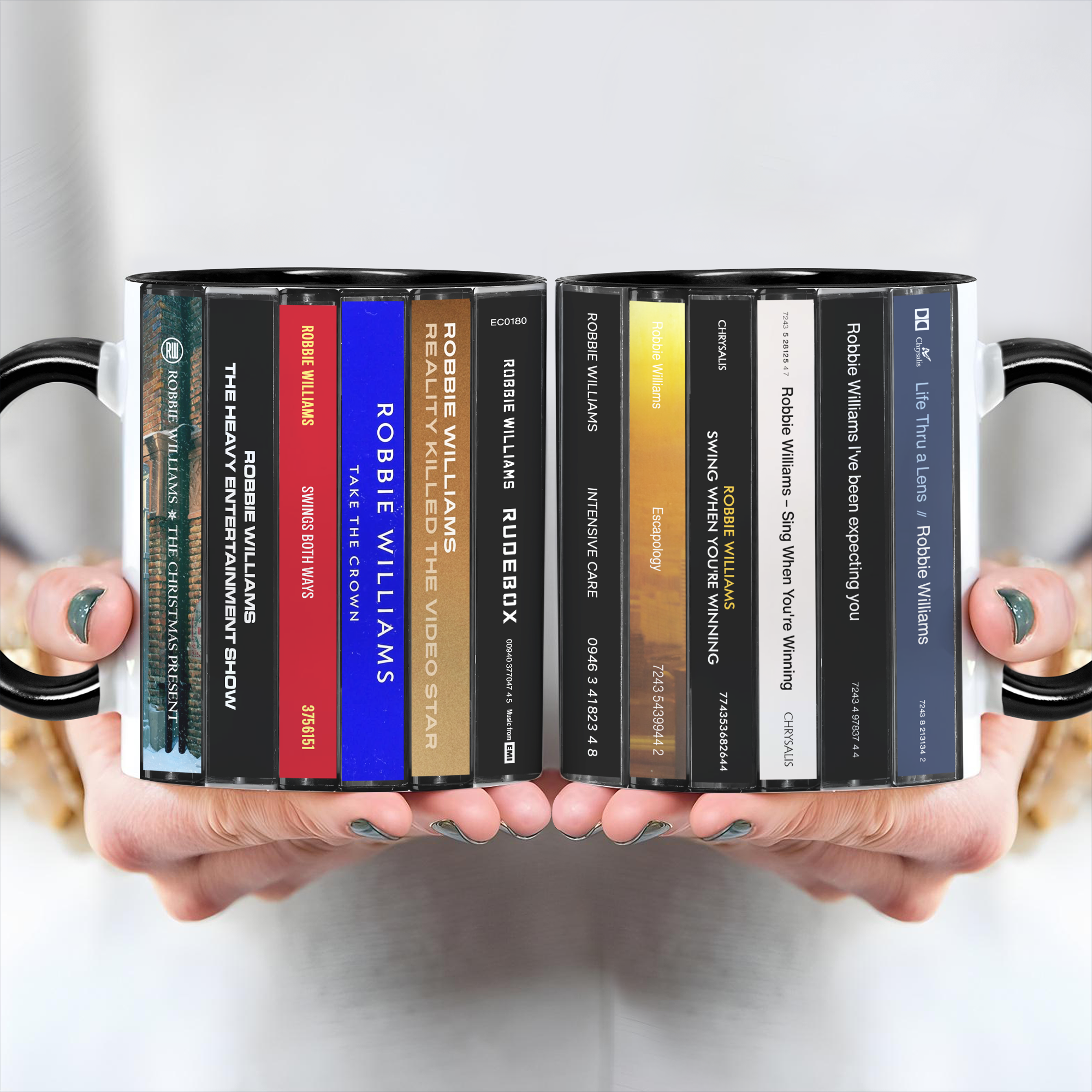 Robbie Williams Albums Cassette Collection Retro Accent Edge-to-Edge Printed Mug