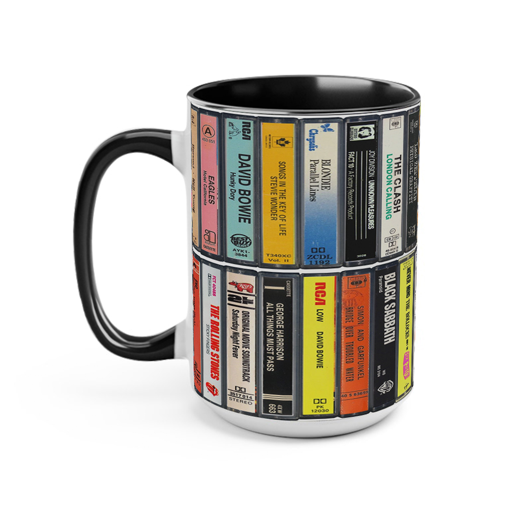 70s Music Albums Cassette Collection Retro Accent Edge-to-Edge Printed Mug