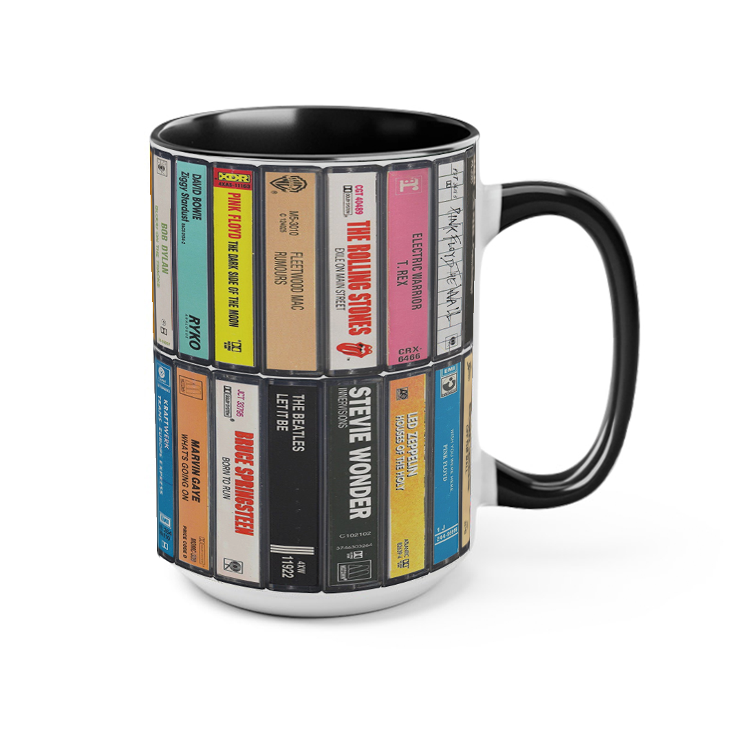 70s Music Albums Cassette Collection Retro Accent Edge-to-Edge Printed Mug