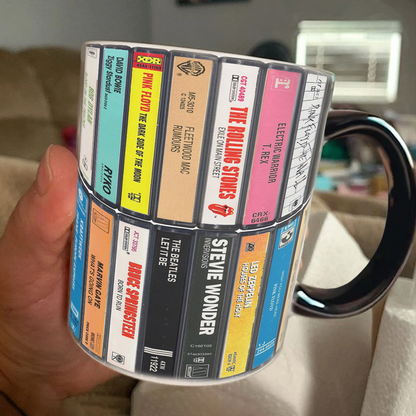 70s Music Albums Cassette Collection Retro Accent Edge-to-Edge Printed Mug